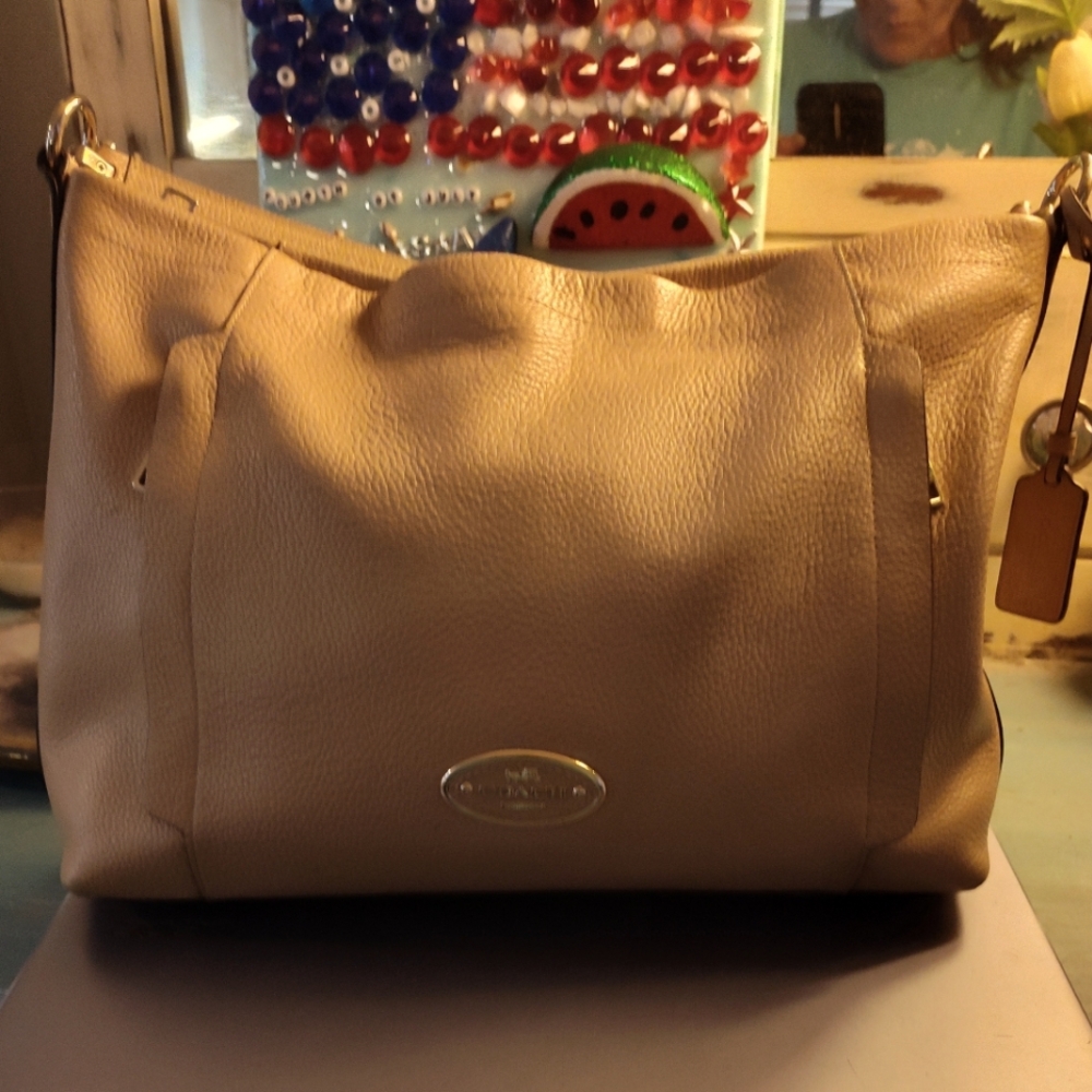 Coach Tan Leather Shoulder Bag with Metal Accents